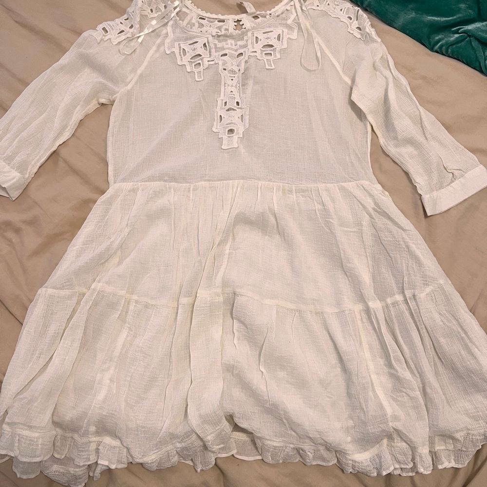 Free People Baby Doll Tunic Womens M Off-White Sheer Gauze Lace Trim Boho